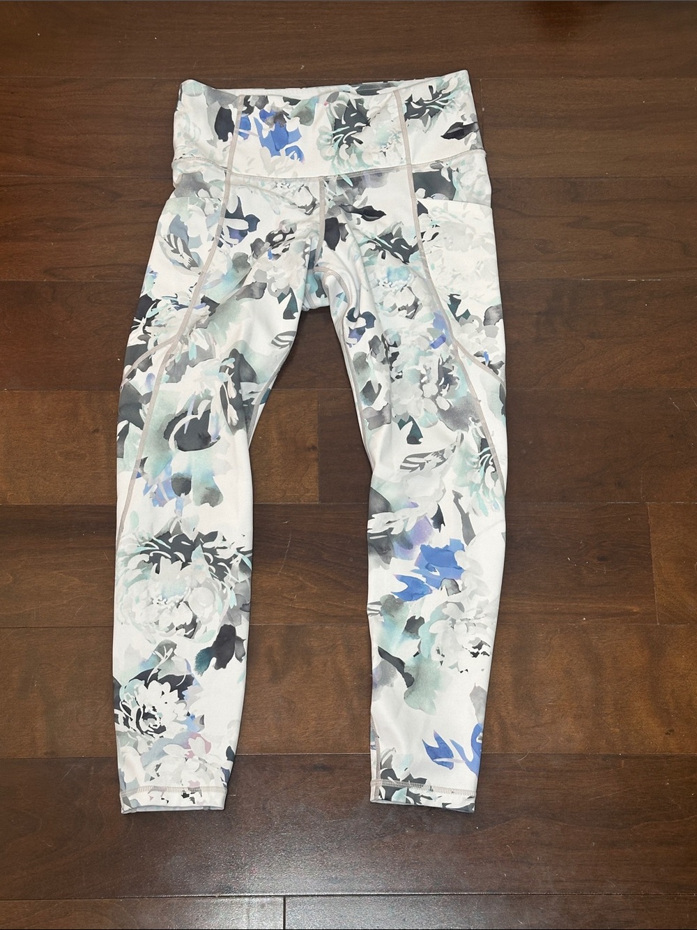 Athleta Floral High-Rise Leggings in White, Blue, Gray